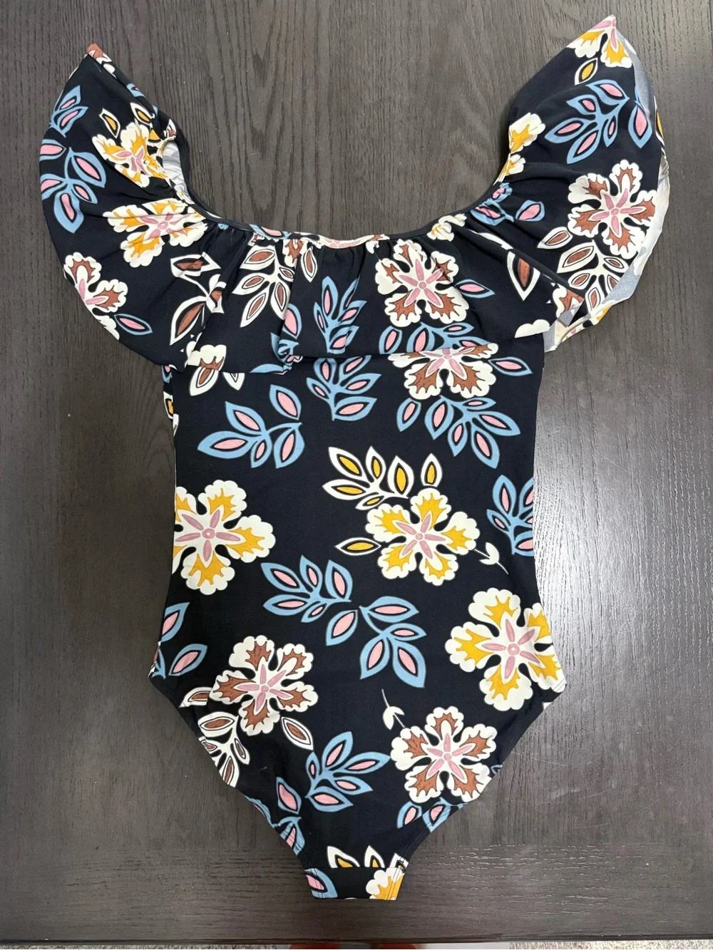 Tory Burch Floral Ruffle One Piece Swimsuit Size M Black Multicolоr